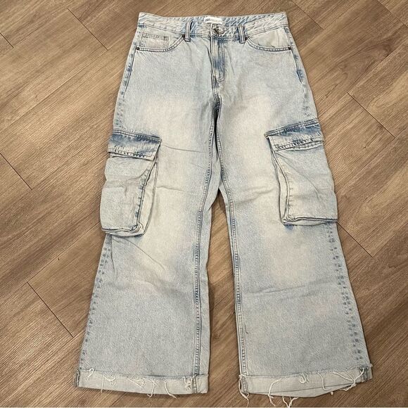 Zara TRF Mid Rise Cargo Baggy Loose Fit Light Tan Wide Leg Y2K Denim - Picture 1 of 8